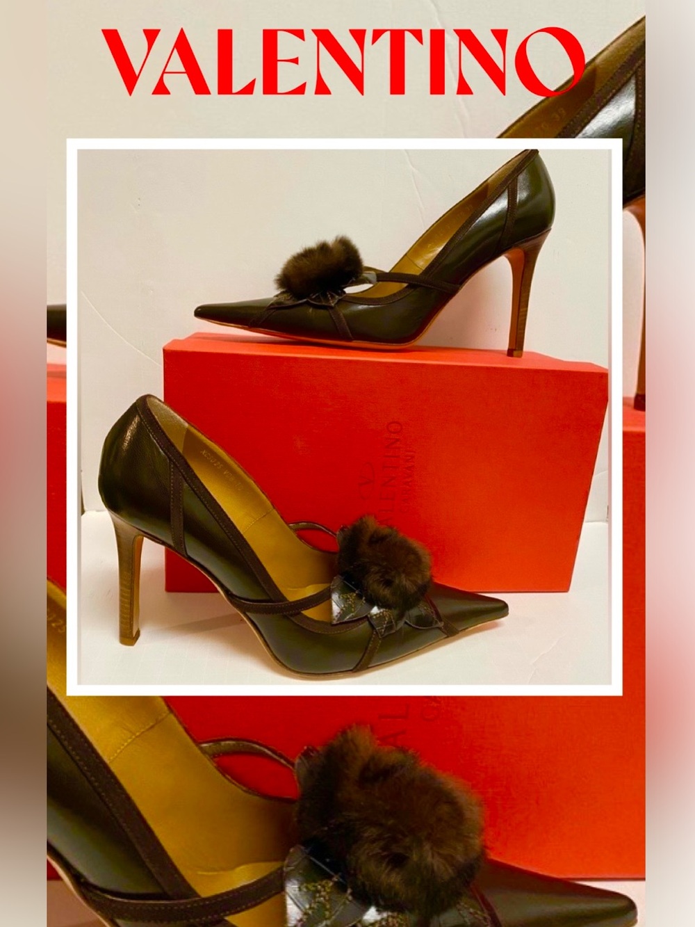 VALENTINO Garavani Dark Brown Leather Mink Rosette Heel Shoe New 9B